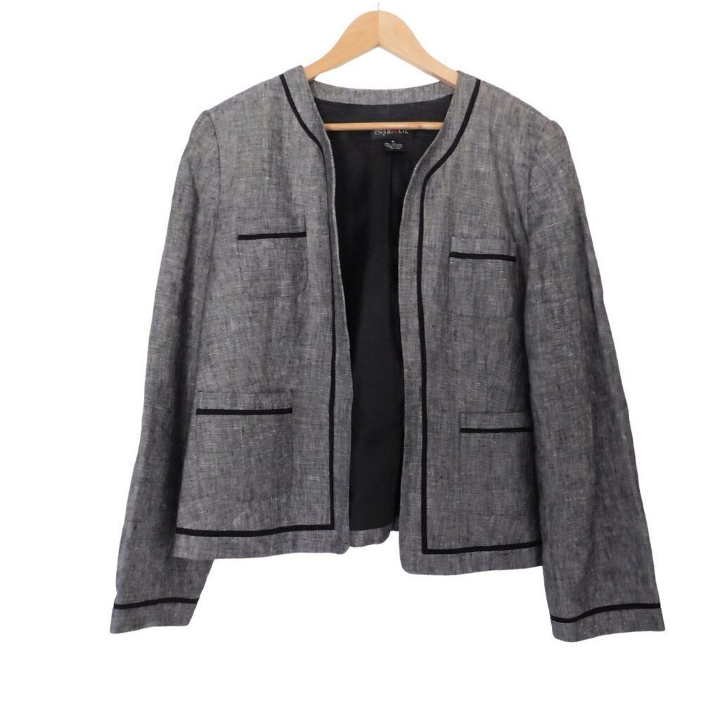 Style & Co‎ Womens Linen Blazer Black tweed Lined Pockets Open Front Size 16